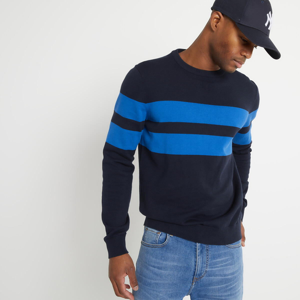 Striped cotton jumper in fine knit with crew neck, navy blue/bright ...