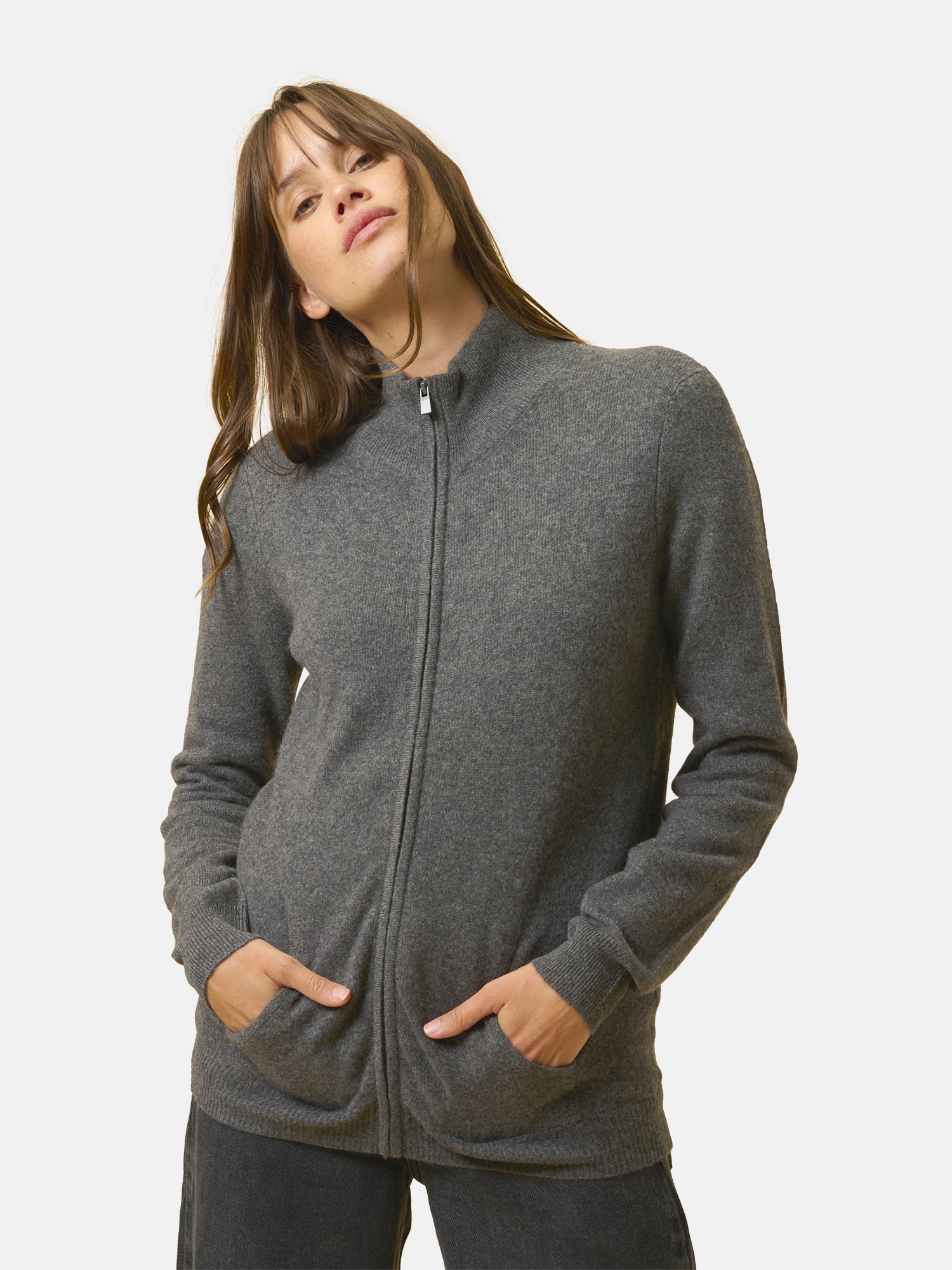 Gilet Zippé Col Montant Anthracite Chiné Ayr, JUST CASHMERE