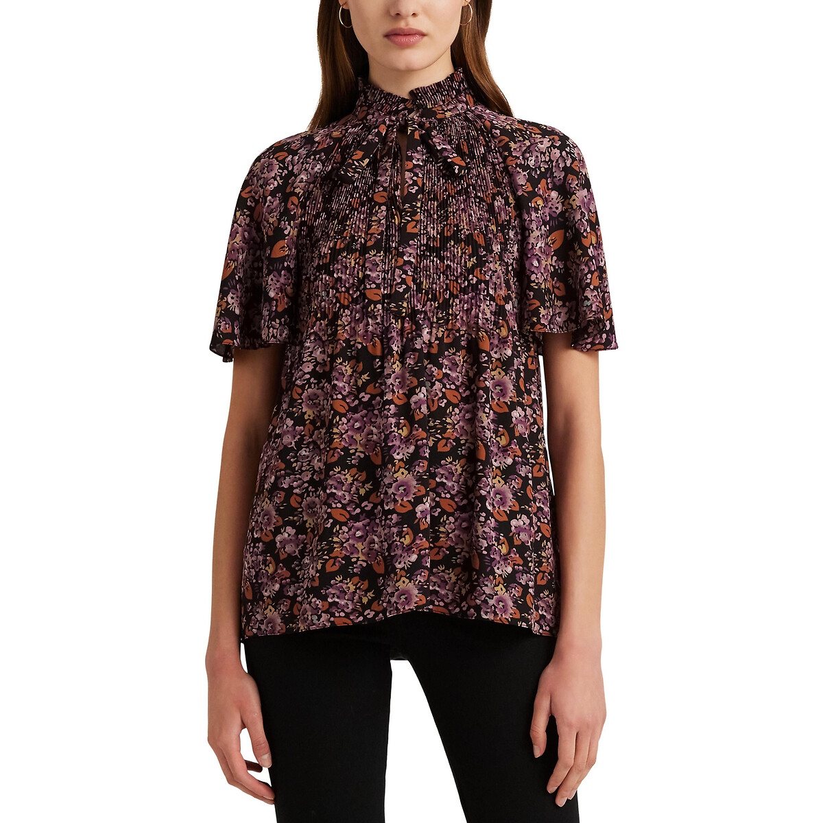 Image of Adar Printed Blouse with Shirt Collar and Short Sleeves