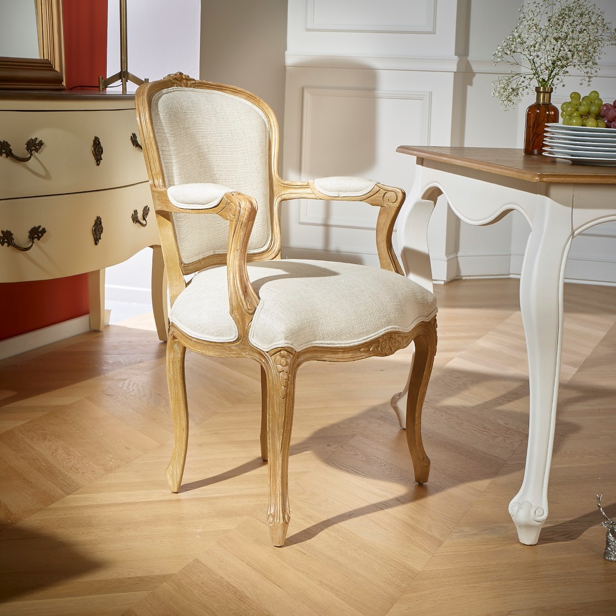 Fauteuil de table style classique en hévéa et lin premium LOUVRE, ROBIN DES BOIS