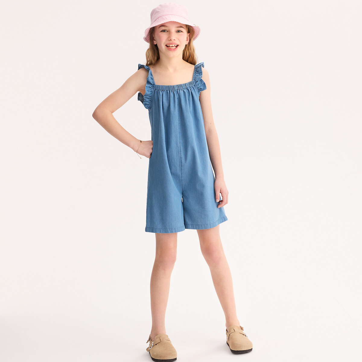Salopette à fines bretelles volantées, en denim léger, LA REDOUTE COLLECTIONS
