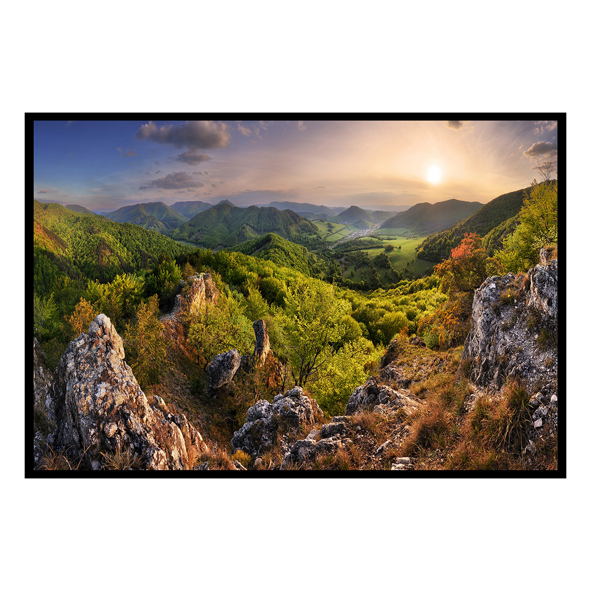 Affiche encadrée panorama de montagnes au coucher du soleil, HEXOA
