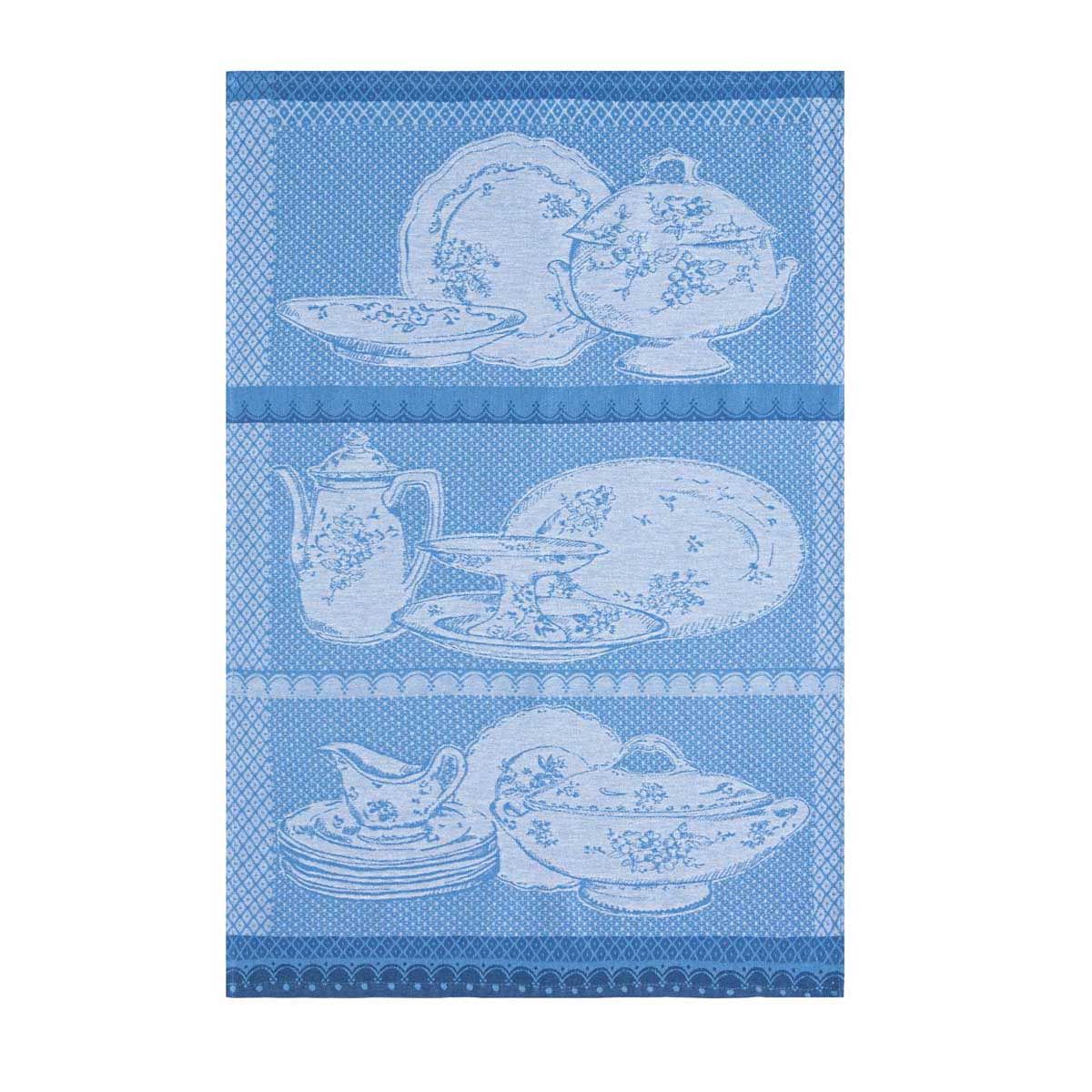 Carré Éponge Jacquard Coton - Motif Vaisselles Anciennes - 50x50cm - Bleu - Coucke