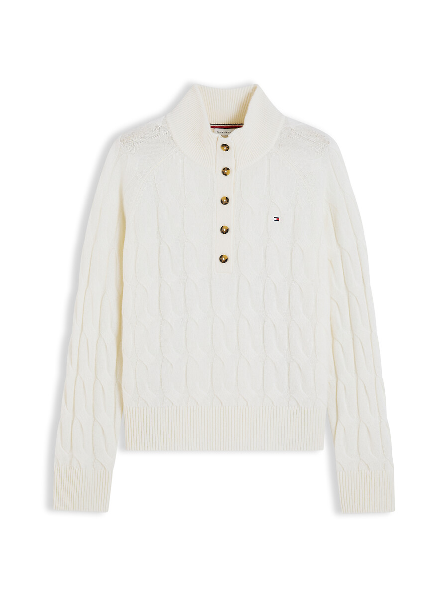 Kabeltrui met geknoopte kraag, wol, TOMMY HILFIGER