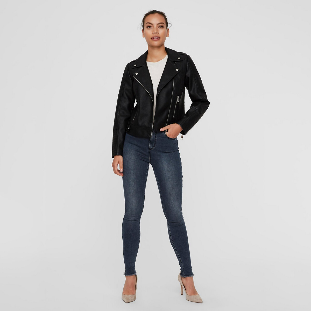 short zip-up jacket in faux leather