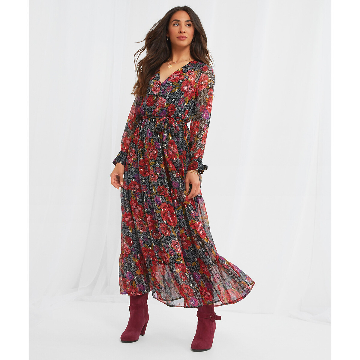 Floral draping maxi dress , black/red, Joe Browns | La Redoute