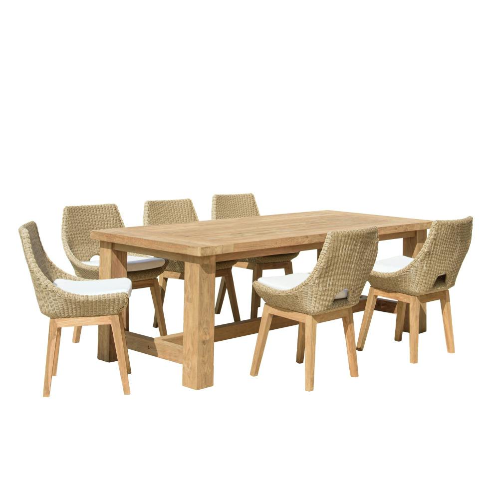 Salon de jardin teck naturel 1 table pieds droits 220 cm + 6 chaises résine tressée MANY, PIER IMPORT