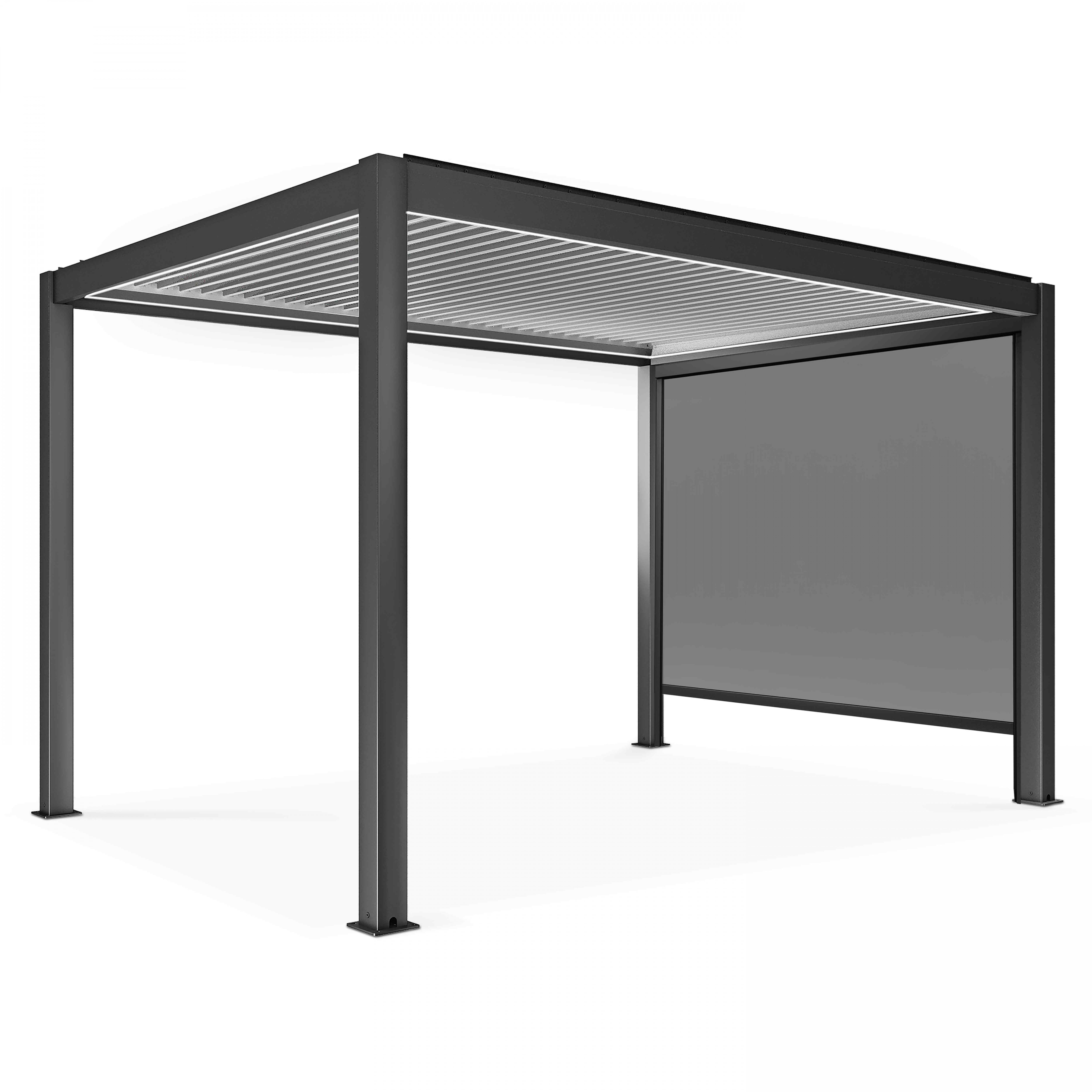 Pergola bioclimatique autoportée motorisée et éclairée 3x4m et 1 store, OVIALA