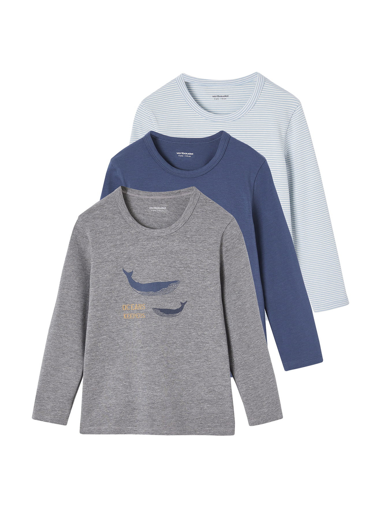 lot de 3 tee-shirts "Baleine" manches longues, VERTBAUDET