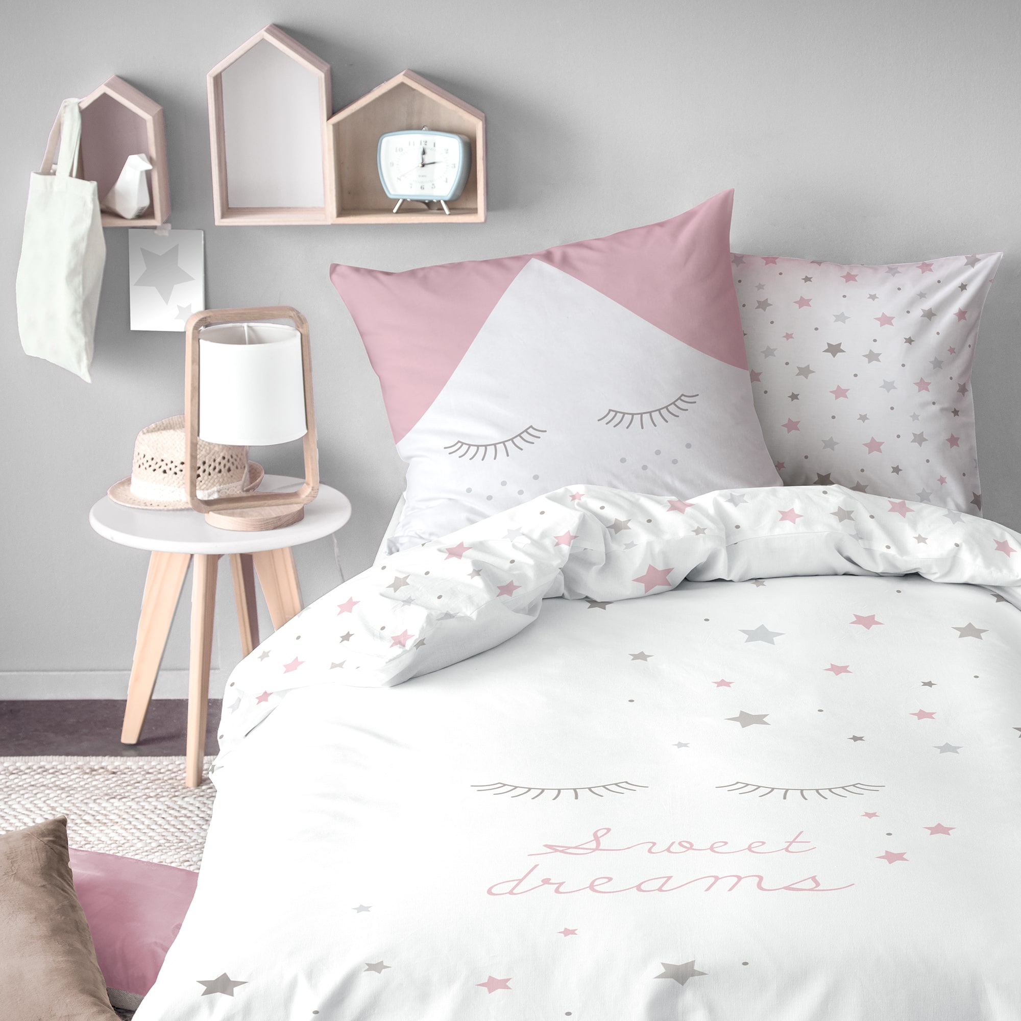 Parure de lit imprimée 100% coton, SWEET DREAMS PINK, MATT ET ROSE