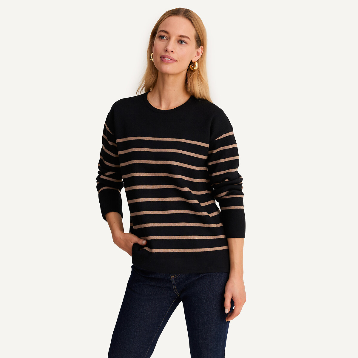 Striped Crew Neck Jumper in Fine Knit, ANNE WEYBURN