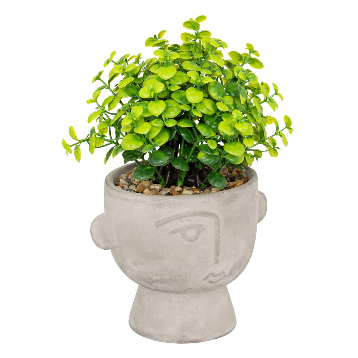 Plante artificielle avec pot en ciment à visage abstrait, ATMOSPHERA