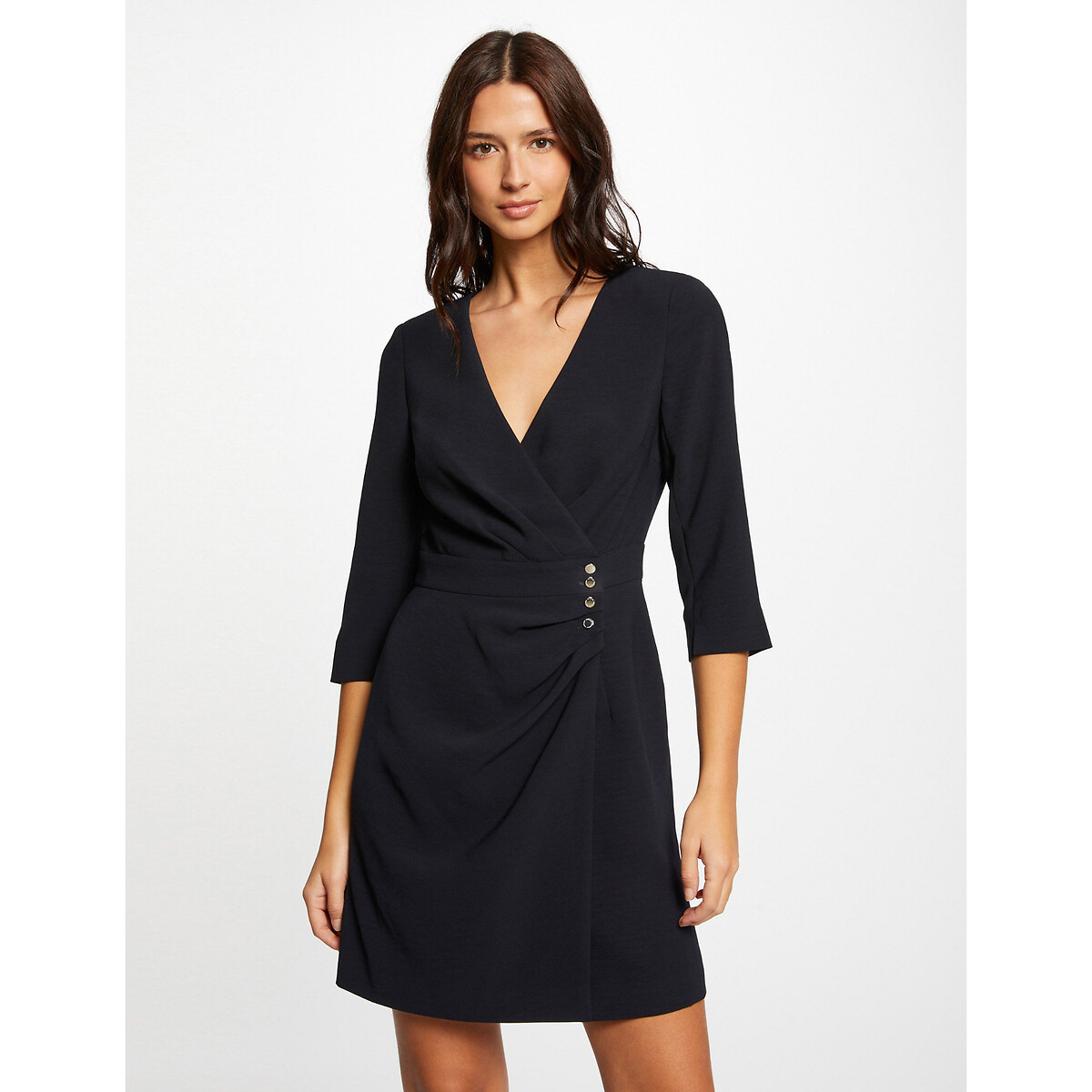 Draped Wrapover Dress with 3/4 Length Sleeves