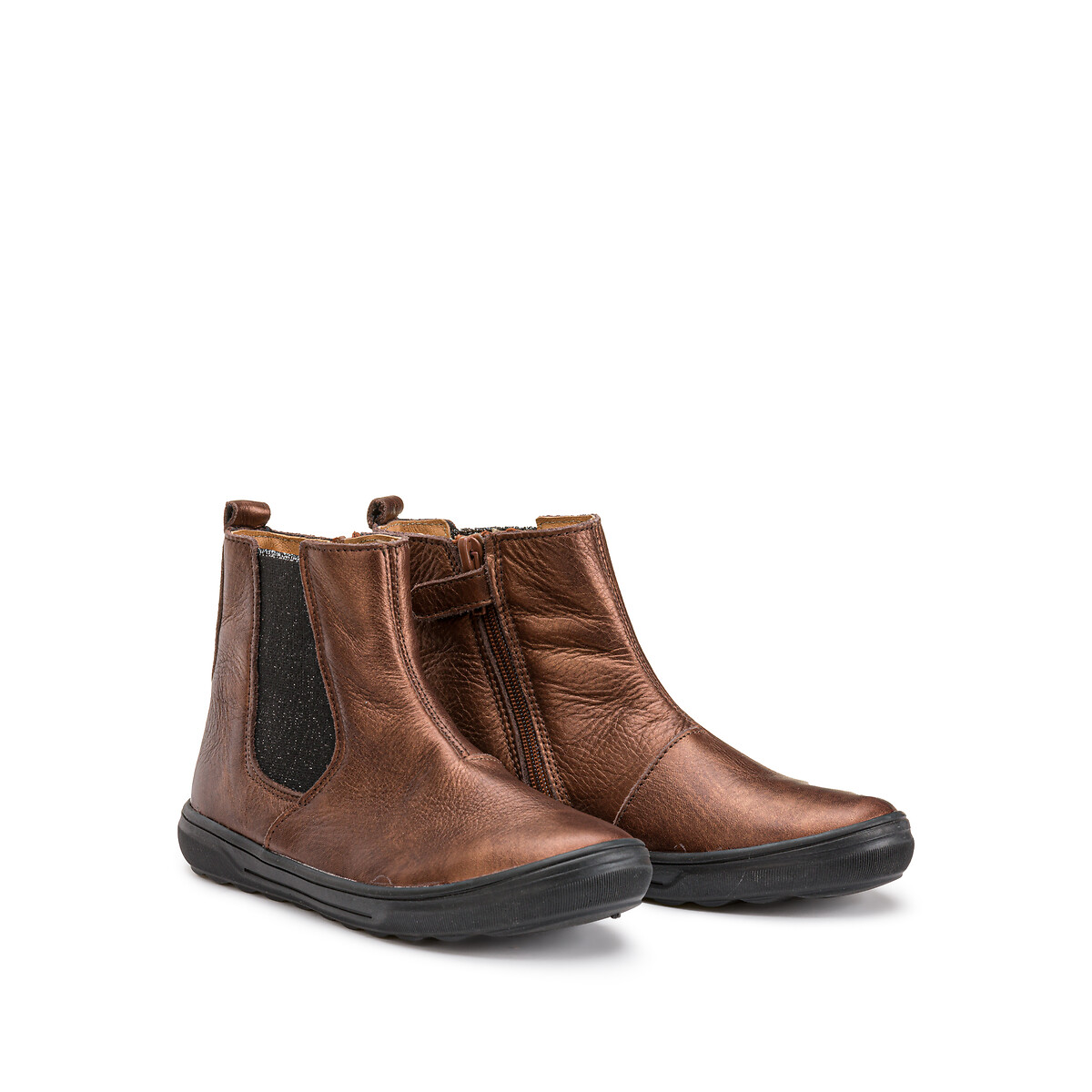 Kids metallic ankle boots in leather with zip fastening bronze