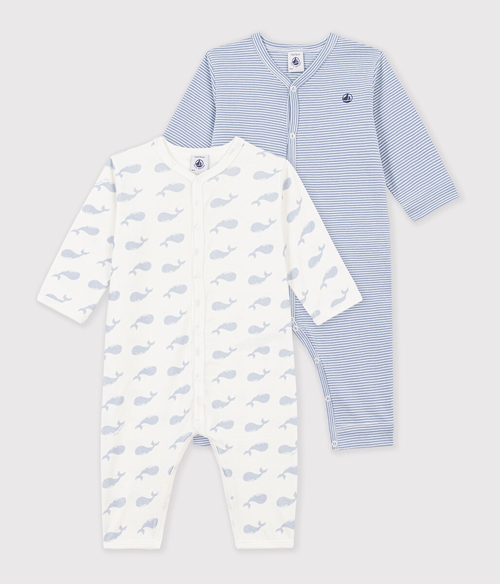 Lot de 2 pyjamas sans pieds en coton, imprimés baleines et rayures, PETIT BATEAU