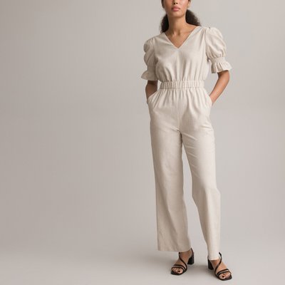 Linen/Cotton Jumpsuit with Ruffled Puff Sleeves, Length 30.5" LA REDOUTE COLLECTIONS