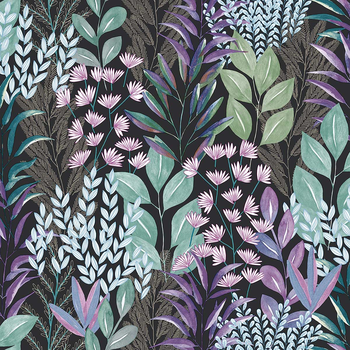 Papier peint feuillage aquarelle nuit violet, HEXOA