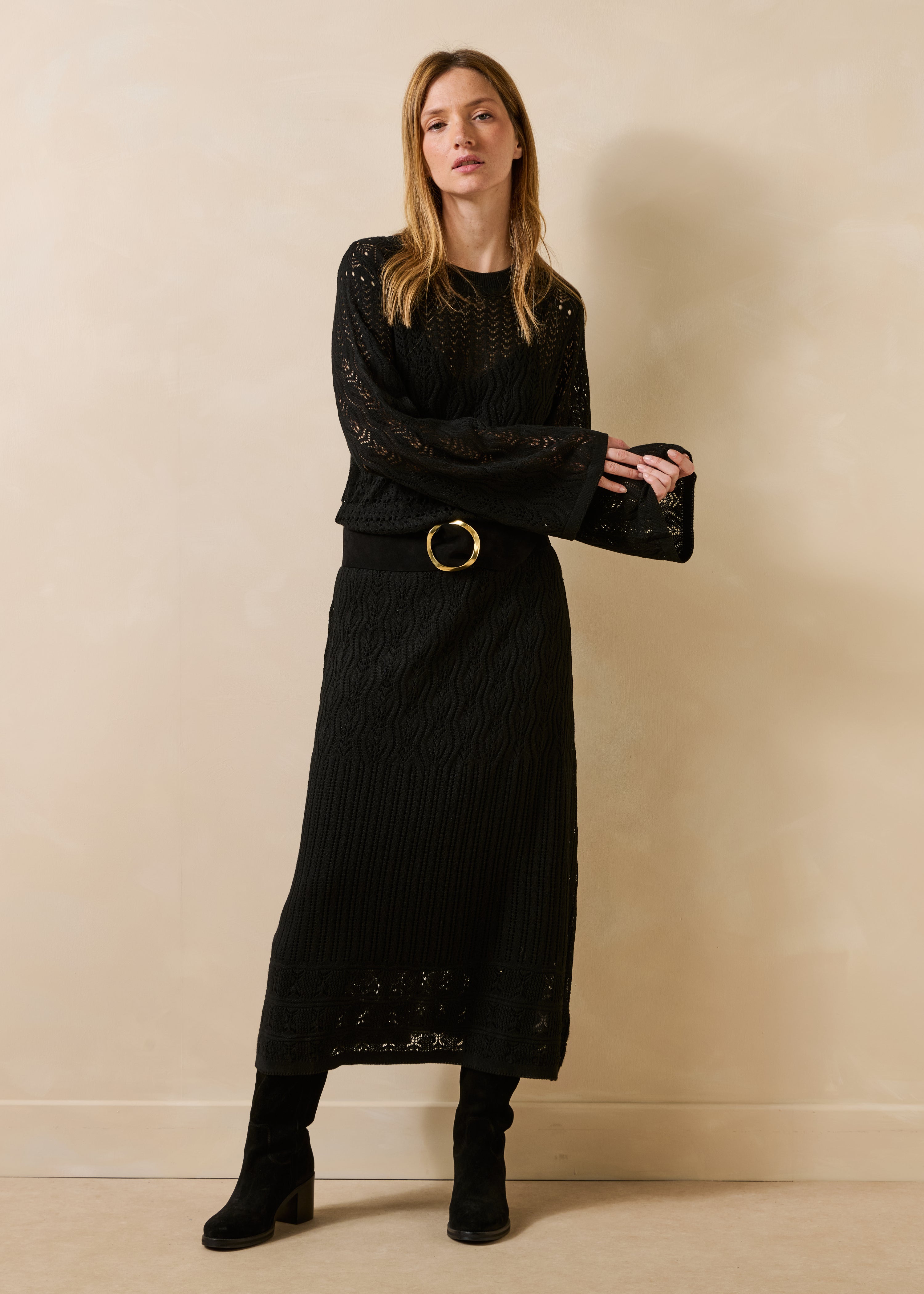 Robe ajustée en maille ajourée manches longues, LA FEE MARABOUTEE
