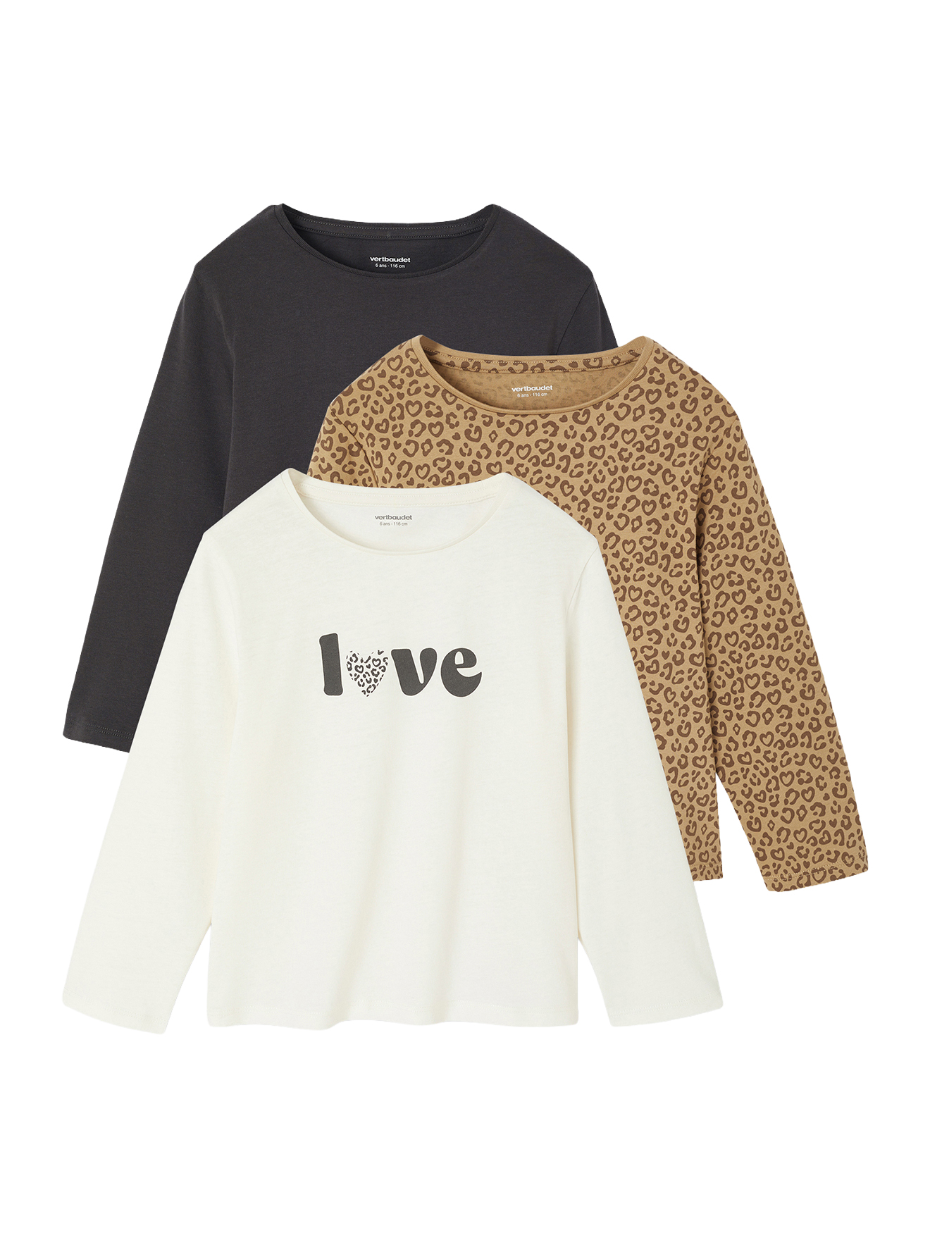 Lot de 3 t-shirts fantaisie manches longues, VERTBAUDET