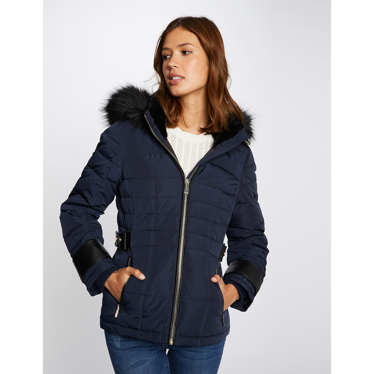 Image of Short Hooded Padded Jacket with Faux Fur Trim and Zip Fastening
