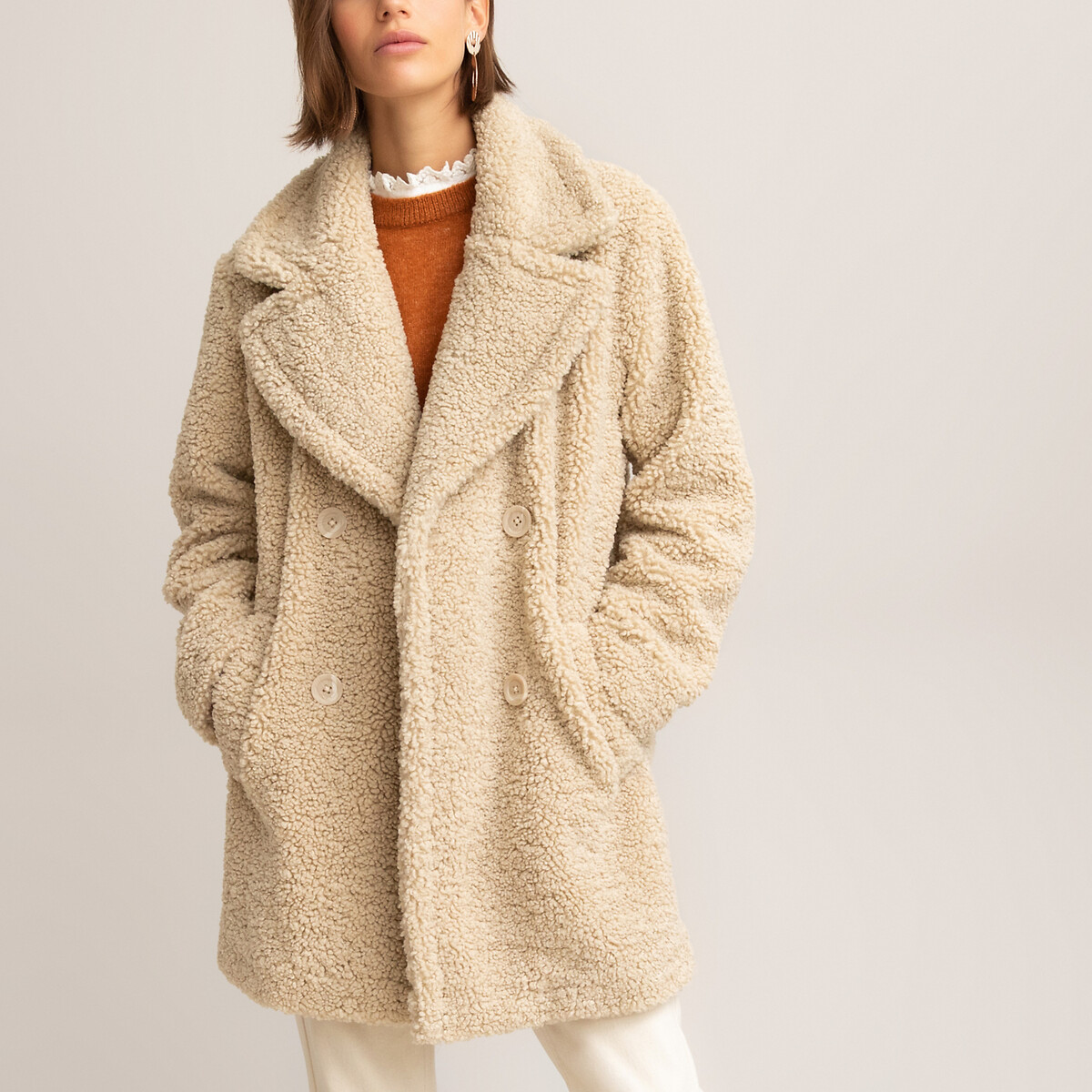 Mid Length Coat In Teddy Faux Fur, Cocoon Longline Faux Fur Teddy Coat