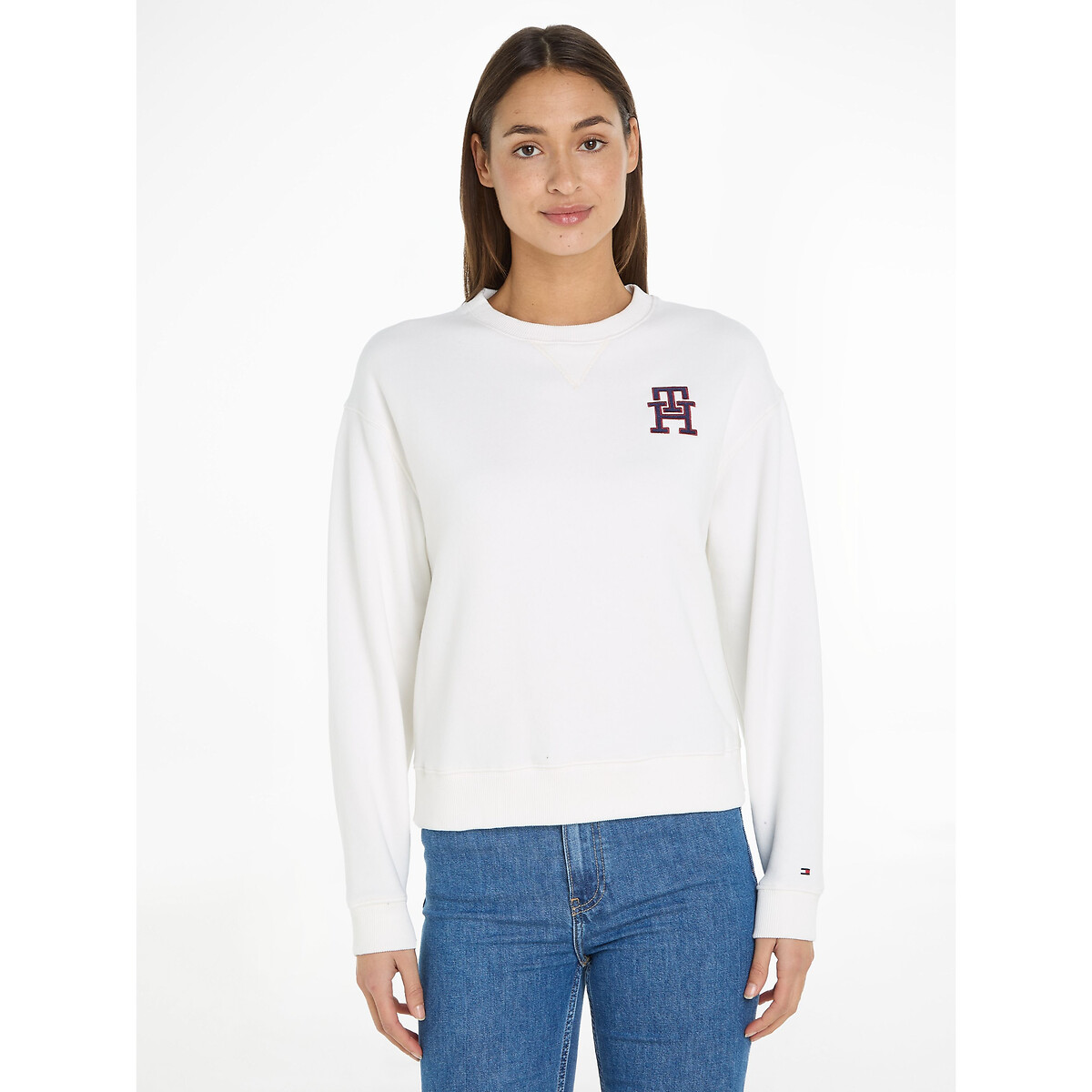 Cotton Mix Sweatshirt with Embroidered Logo and Crew Neck