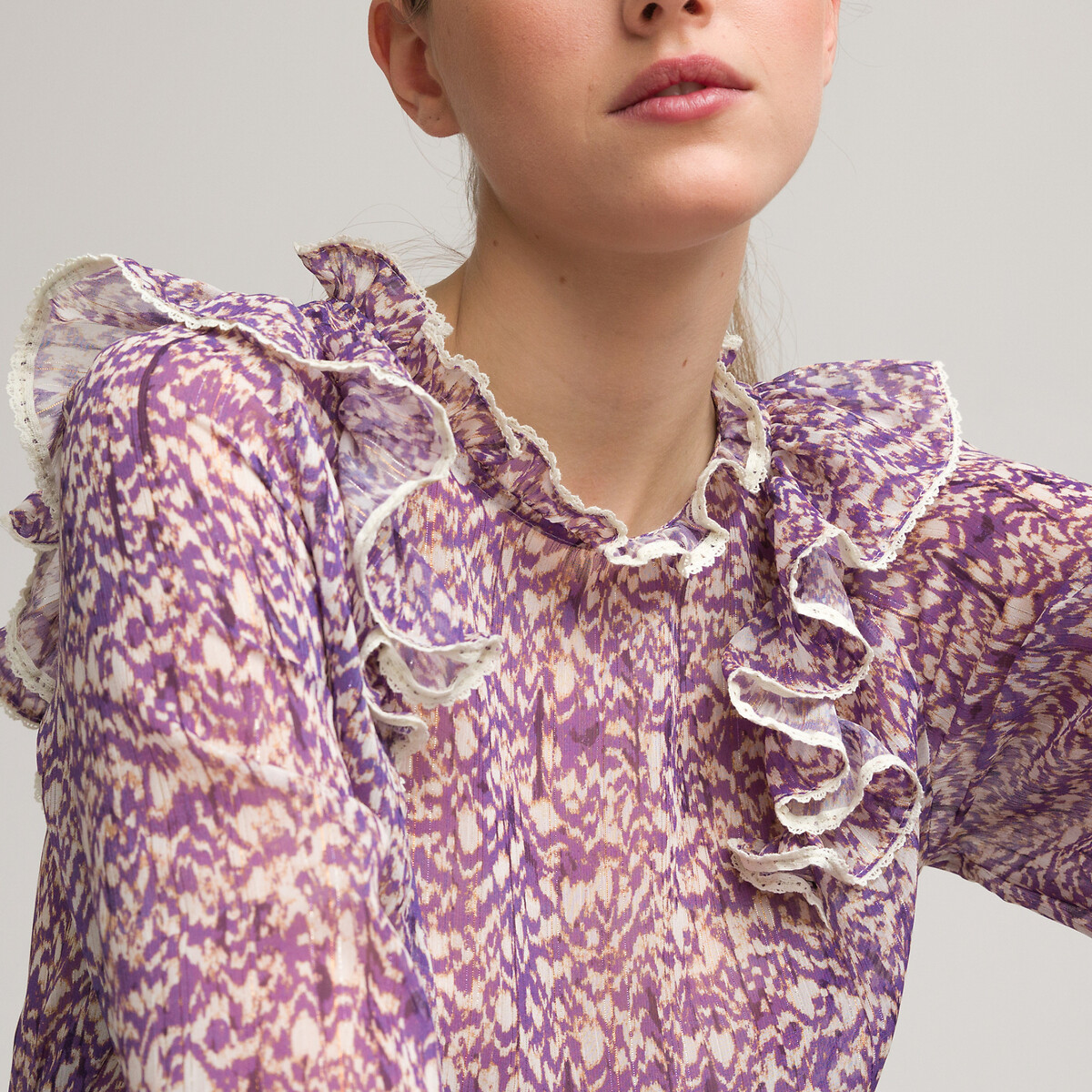 Blouse Imprimée Volant-Ourlet Demi-Zip