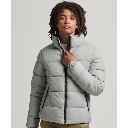 Sports puffer padded jacket with high neck and zip fastening, light grey,  Superdry