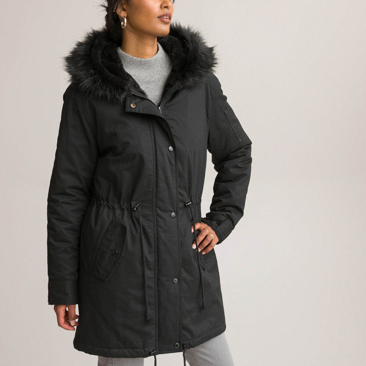 Image of Cotton Mid-Length Parka with Hood and Zip Fastening