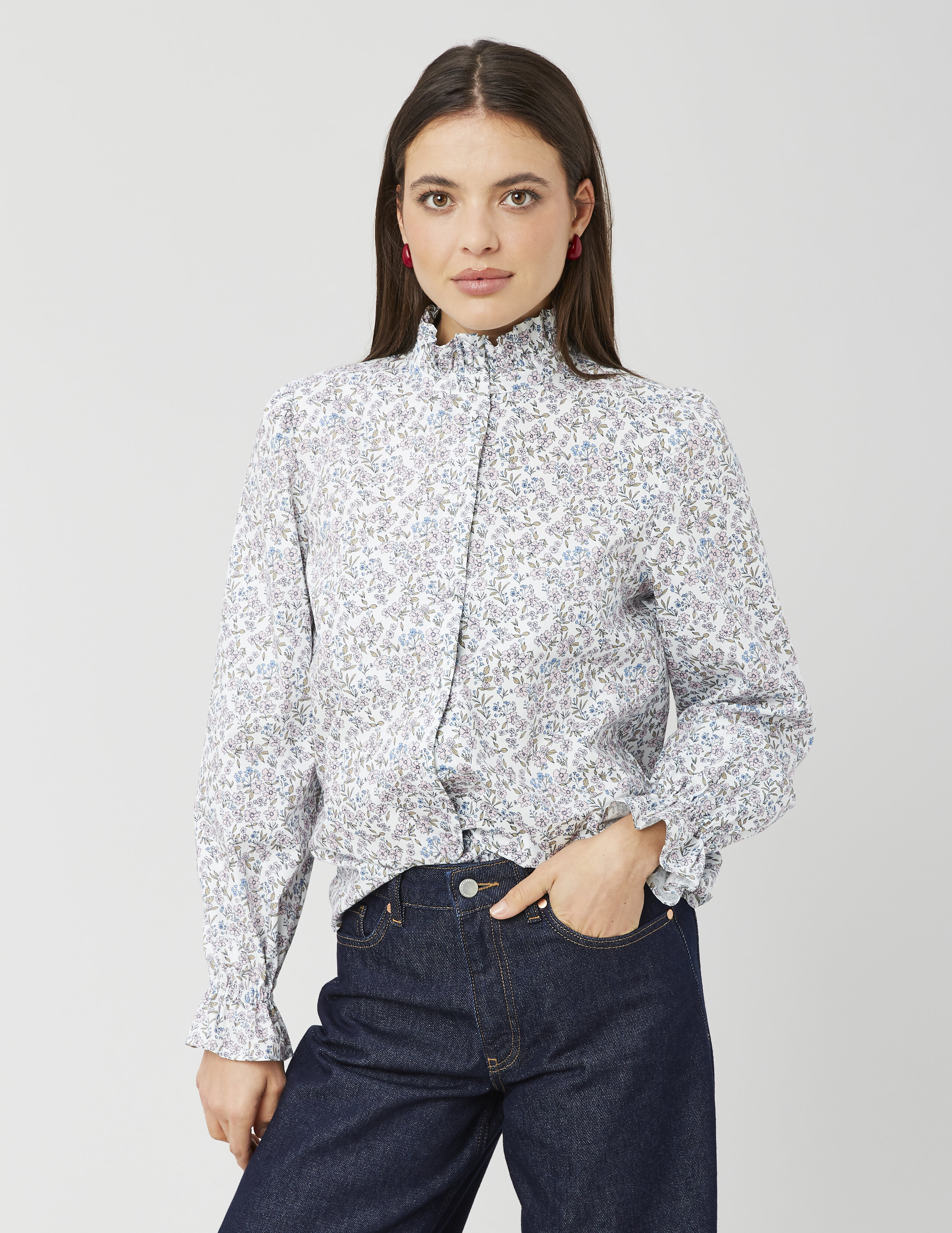 Chemise col montant imprimé fleuri, BZB
