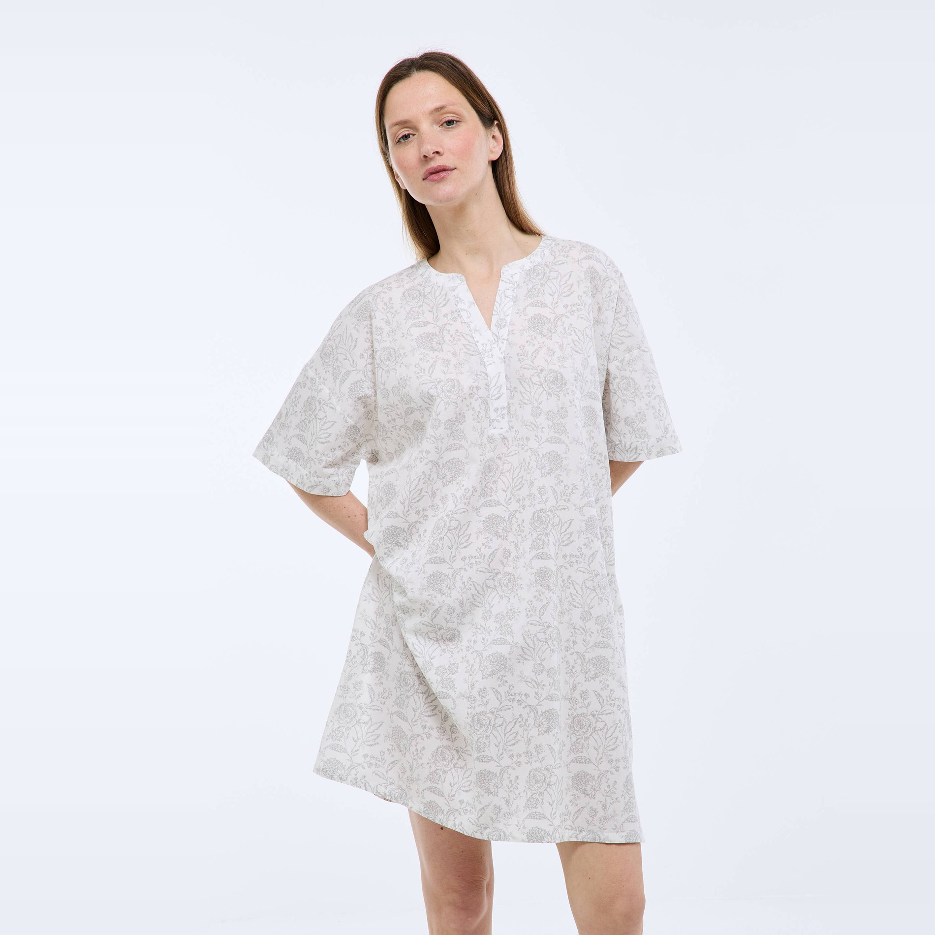 Chemise de nuit manches courtes imprimée en viscose et coton, MONOPRIX