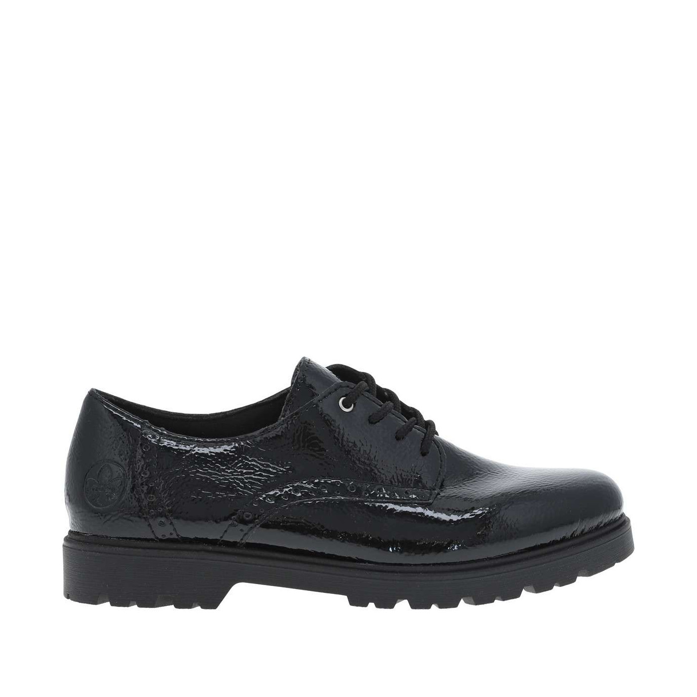 Derbies en cuir noir vernis à talon plat et fermeture à lacets ronds, RIEKER