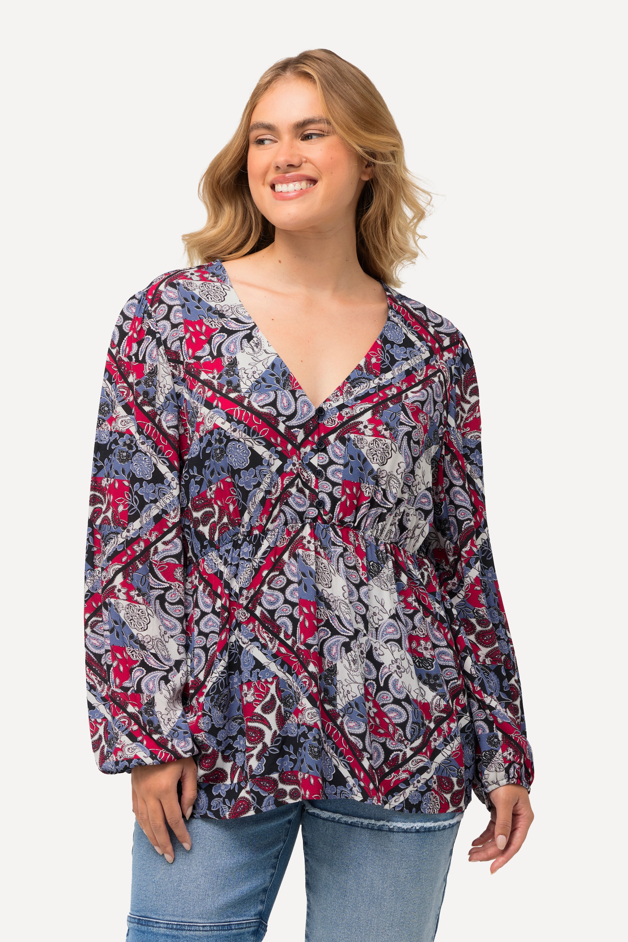 Blouse motif patchwork. Décolleté en V et, ULLA POPKEN