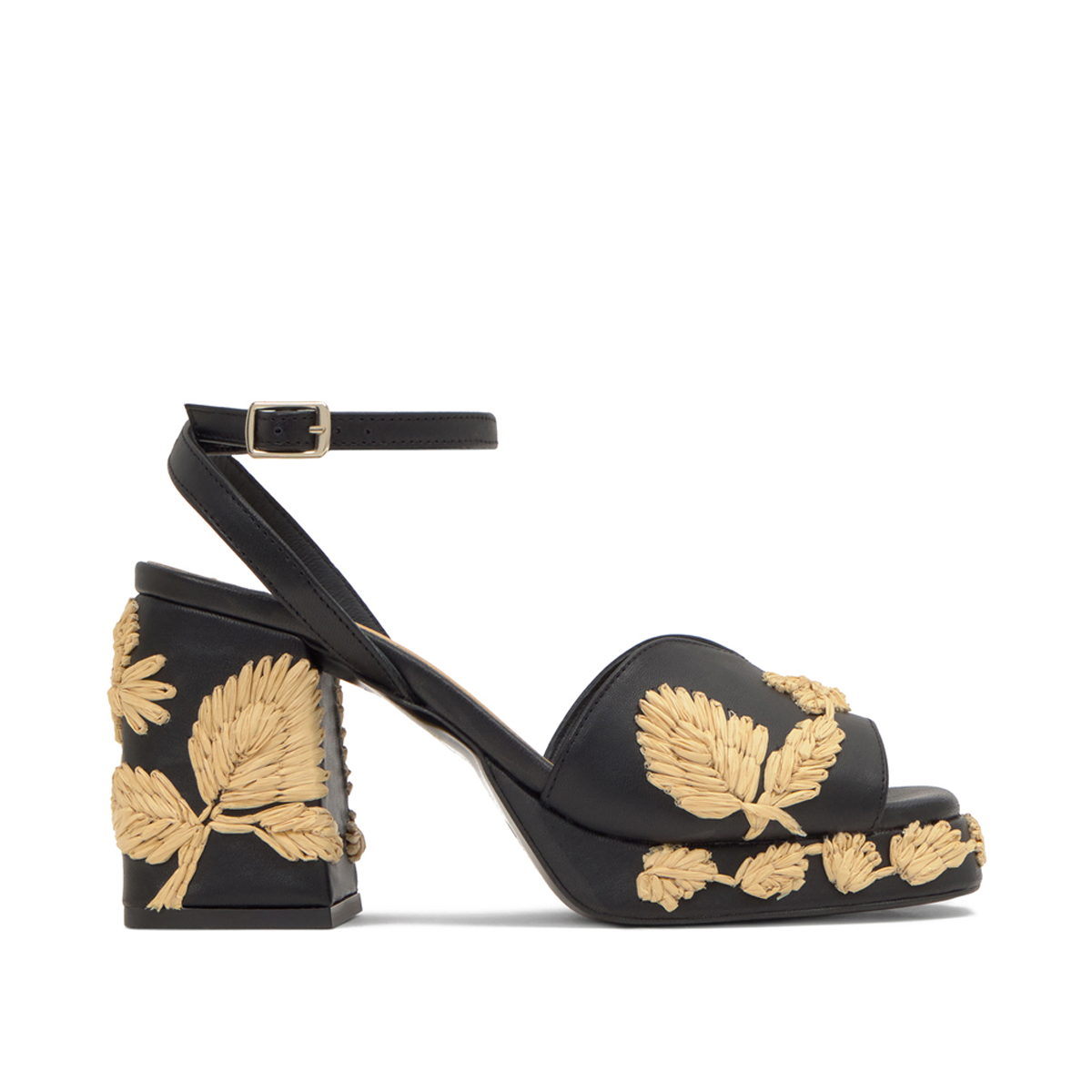 Sandales à talon bloc en cuir brodées de fleurs en raphia VASILIA PLATFORM, CASTANER