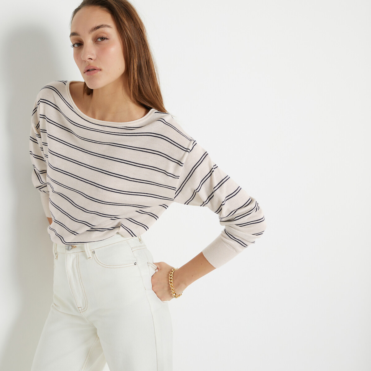 Striped boat neck jumper, ivory / navy stripe, La Redoute Collections ...