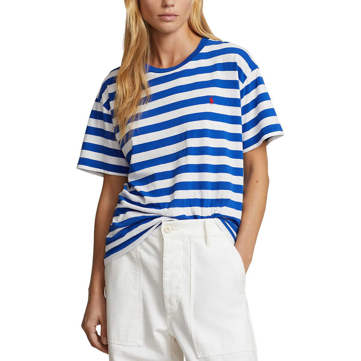 Horizontal Stripe Cotton T-Shirt with Crew Neck and Short Sleeves