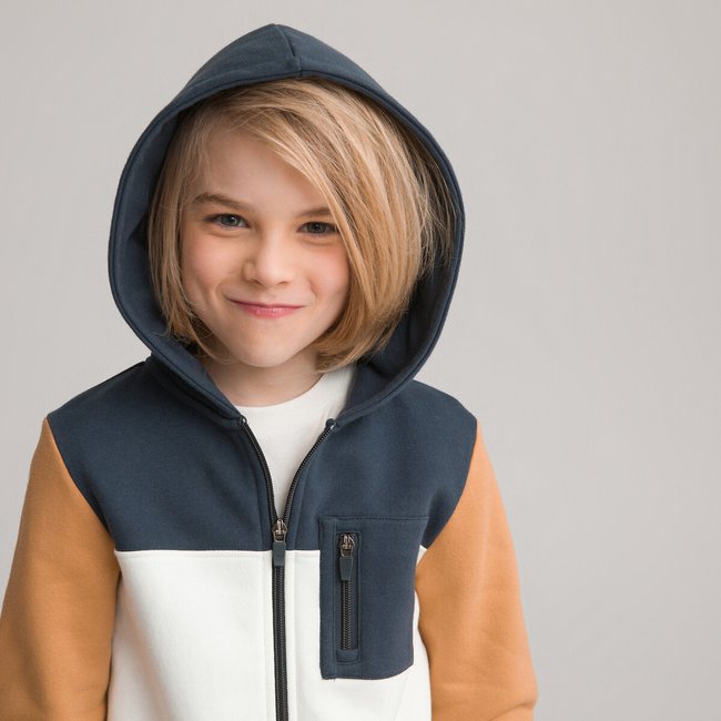 Cotton Mix Zipped Hoodie with Breast Pocket, camel/navy/ecru, LA REDOUTE COLLECTIONS