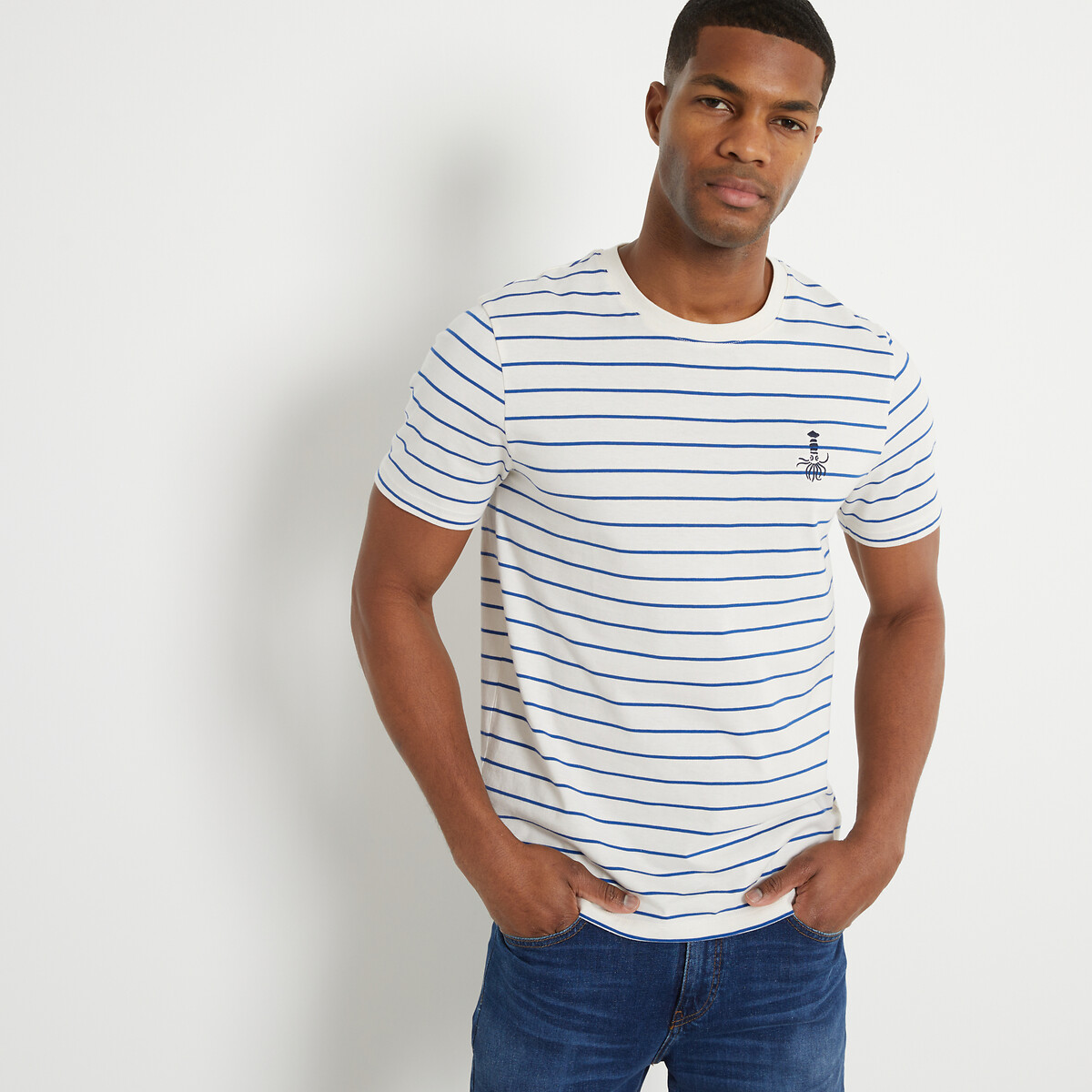 Breton Stripe Cotton T-Shirt with Crew Neck and Short Sleeves