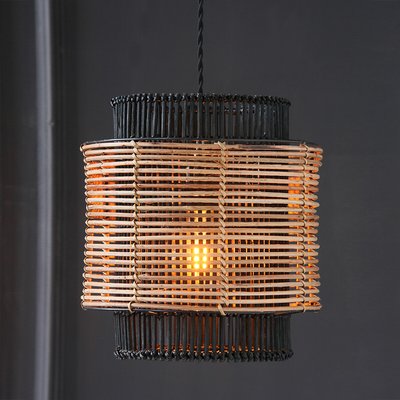 Black with Natrual Contrast Cylinder Bamboo and Rattan Pendant Ceiling Shade SO'HOME
