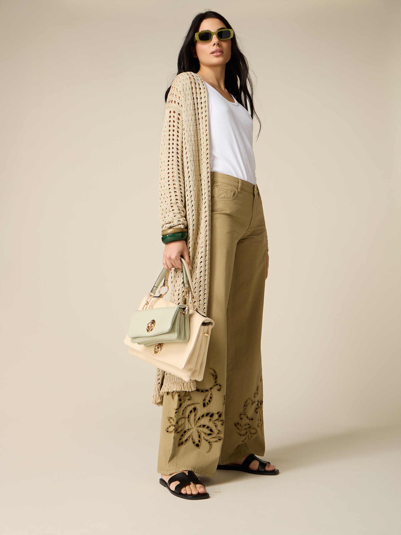 Pantalon palazzo avec broderies see-through, OLTRE