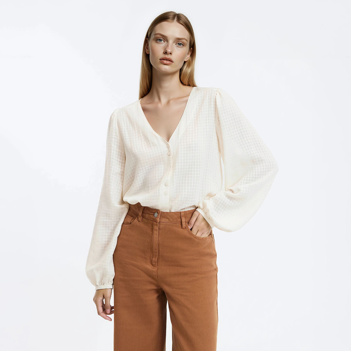 Cotton V-Neck Blouse with Long Sleeves, LA REDOUTE COLLECTIONS