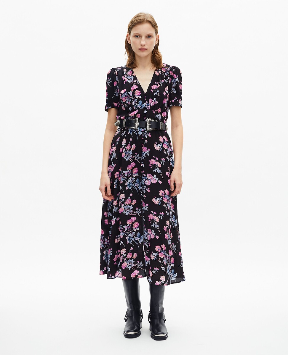 knee length dresses for ladies THE KOOPLES Hortensia Grimpant Print Asymmetric Hem Midi Dress (1 main image 1