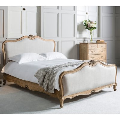 French Vintage Mahogany Bed with Linen Headboard SO'HOME