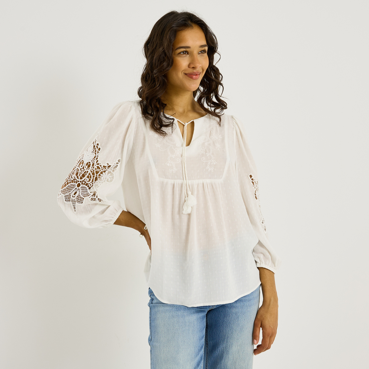 Blouse brodée détails ajourés, GRAIN DE MALICE