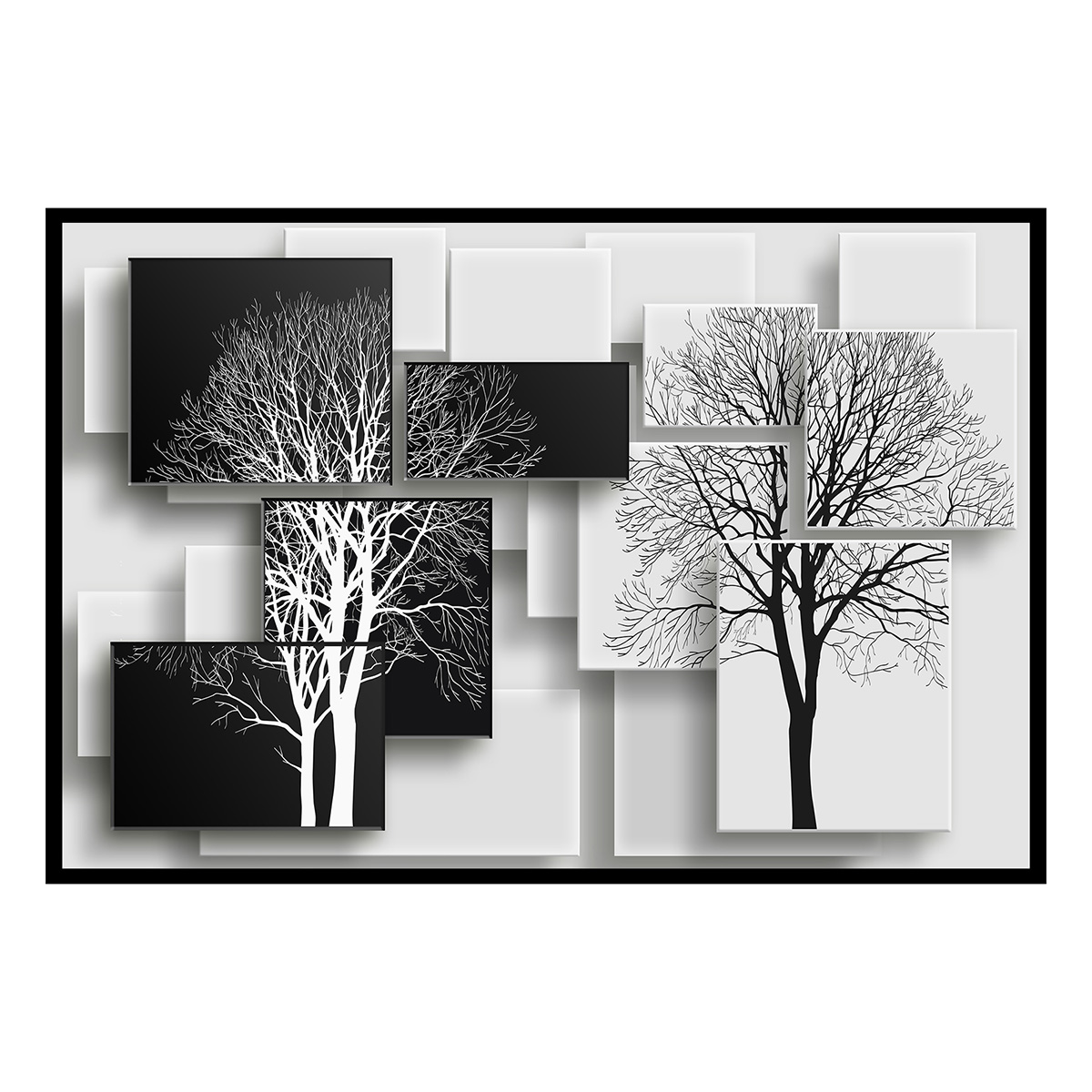 Affiche encadrée arbres graphiques noir et blanc, HEXOA