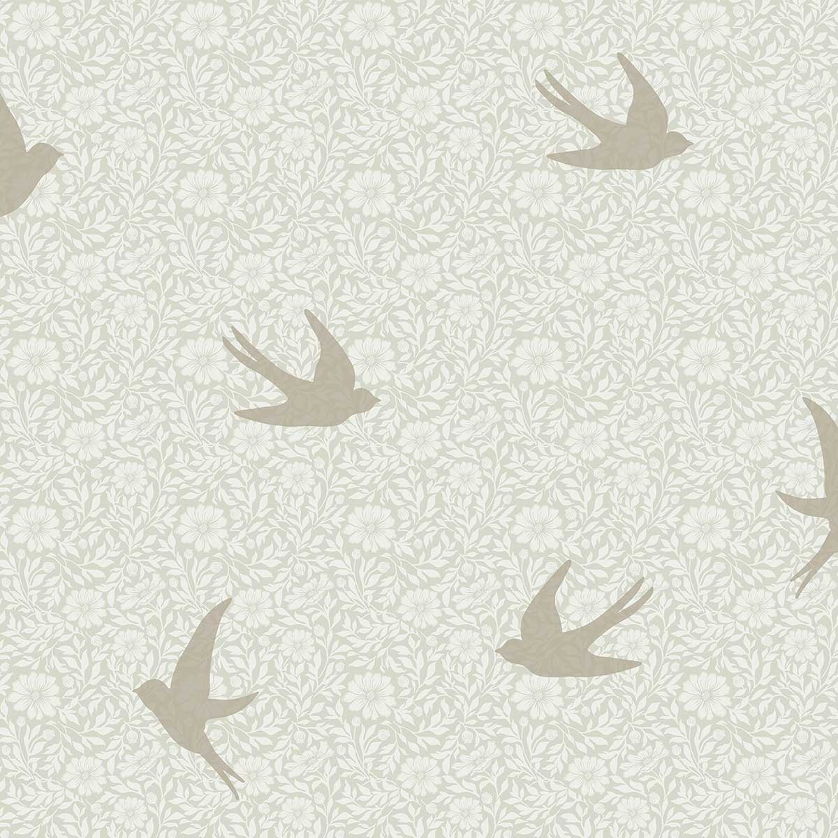 Papier peint hirondelles florales fond lin clair, HEXOA