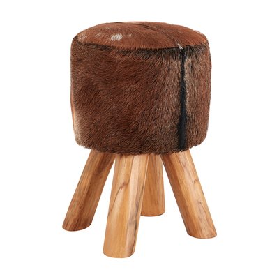 Round Stool in Brown Goat Hide with Teak Legs SO'HOME