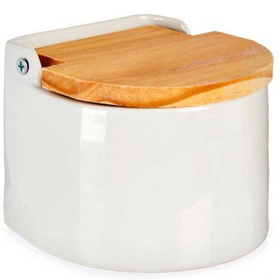 Pot à sel en céramique blanc et couvercle bambou 11x11x9cm WADIGA