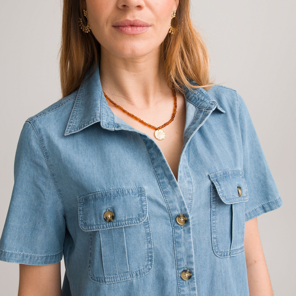 Women's short sleeve denim shirt top