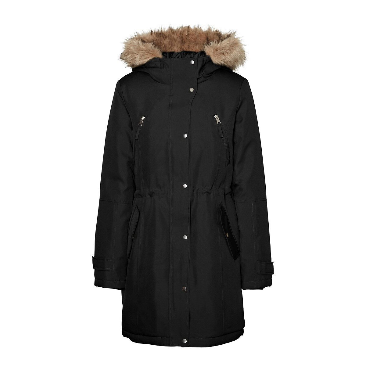 hooded parka with faux fur trim